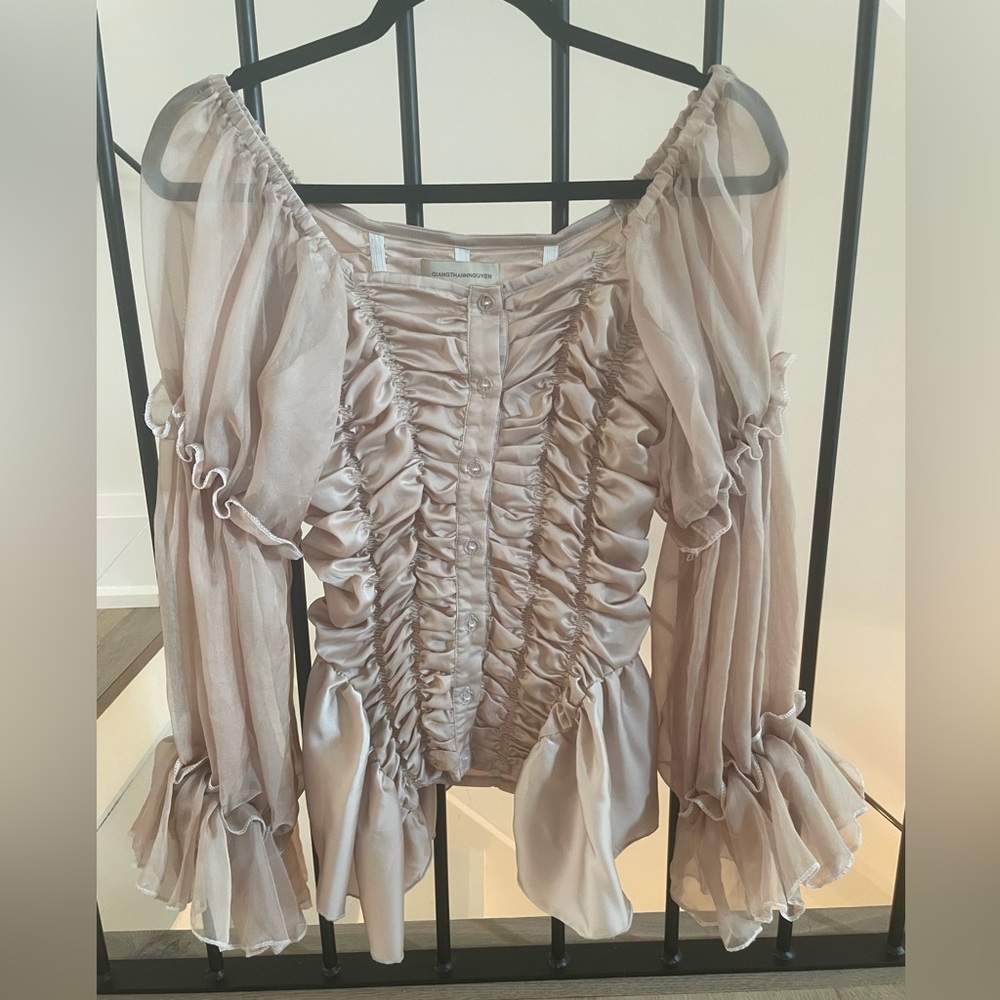 Giang Thanh Nguyen Ruched Blush Blouse with Sheer Organza Sleeves Size Small